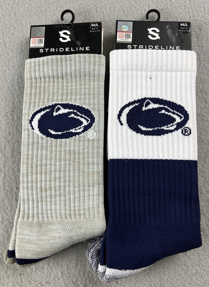 2 PAIRS Strideline Penn State Nittany Lions Crew Socks Gray/White Men’s M/L