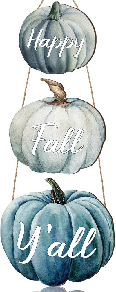 Thyle 3 Pcs Fall Pumpkin Decor Blue Wall Signs Wooden Hanging Door