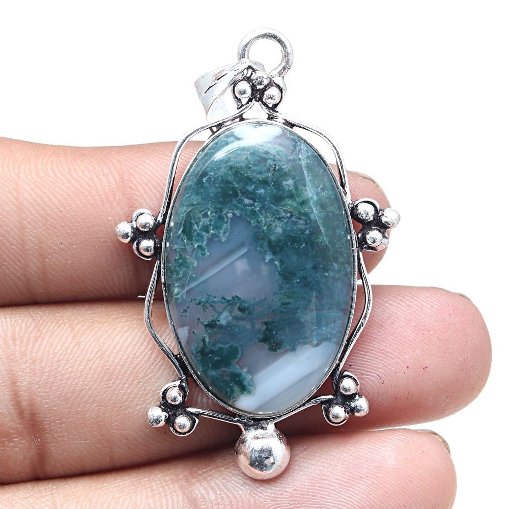 Handmade Antique Moss Agate Gemstone Necklace 2.25 Inches