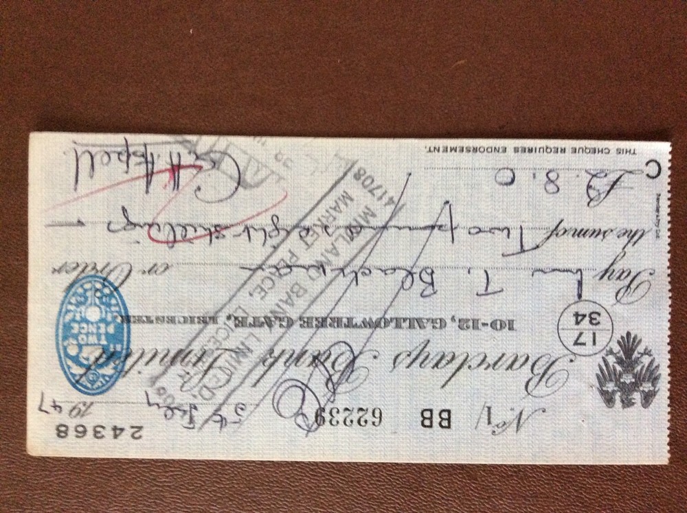1947 Barclays Bank Cheque B1U Ephemera Cashed July 62239