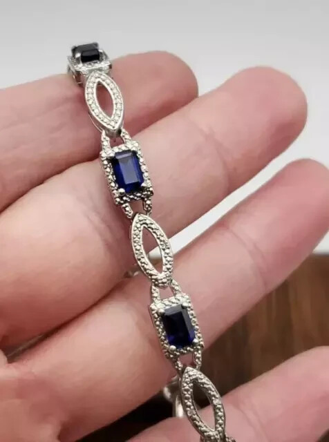 Lab Created Sapphire Tennis Bracelet 14K White Gold Plated 5Ct Emerald Cut for Women