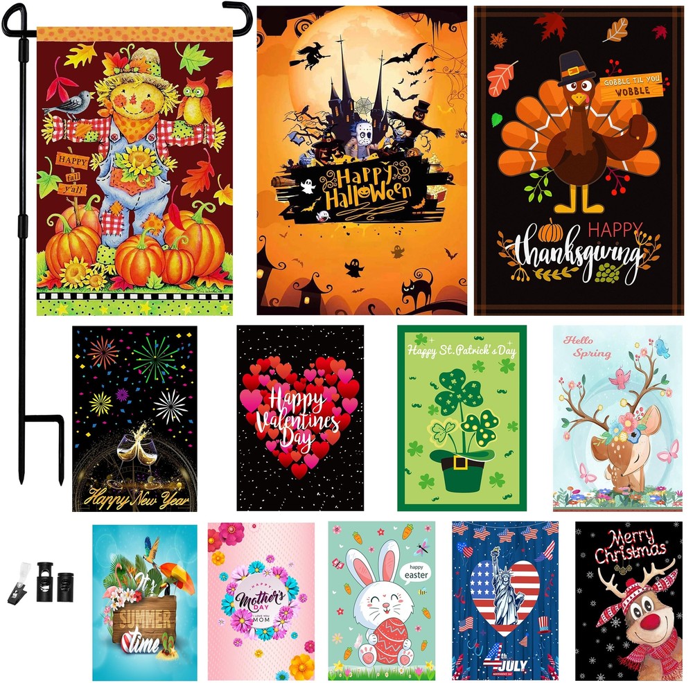 Seasonal Garden Flags Set of 12 and Garden Flag Stand-Holder-Pole Double Side...-image