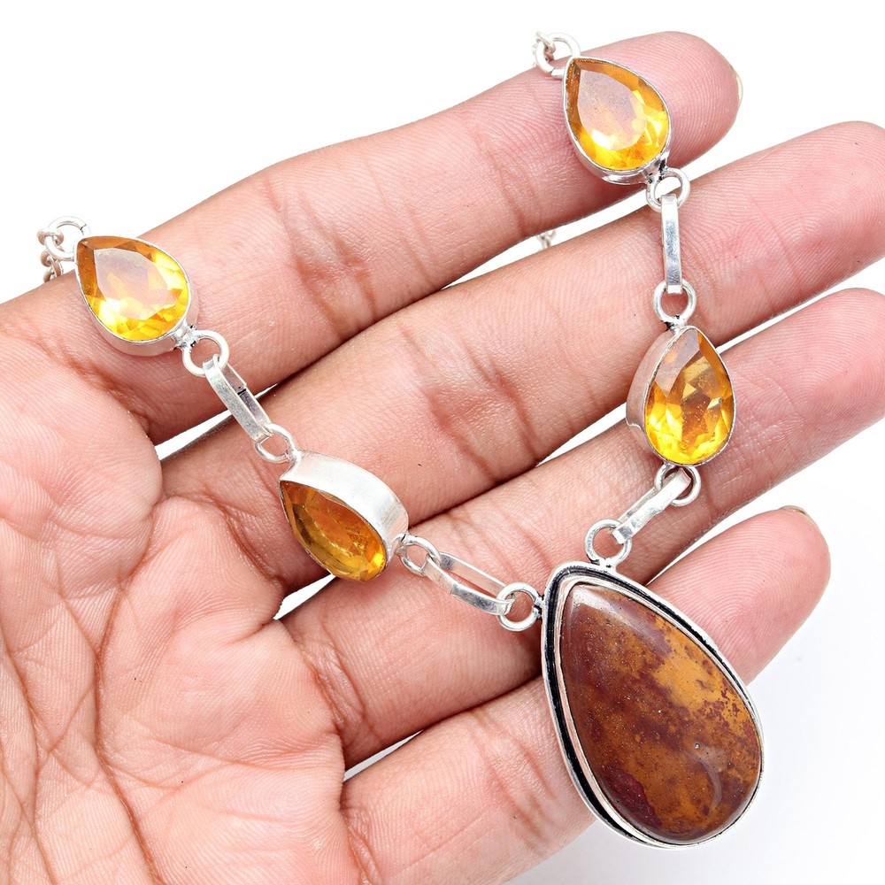 Citrine Gemstone Jewelry Set for Women with Silver Pendant and Green Earrings