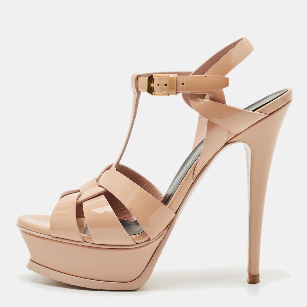 Saint Laurent Beige Patent Leather Tribute Platform Sandals Size 37.5 EU