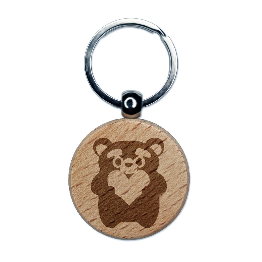 Cautious Bear with Heart in Hands Engraved Wood Round Keychain Tag Charm