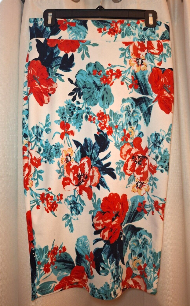 Red teal floral print pencil skirt for women