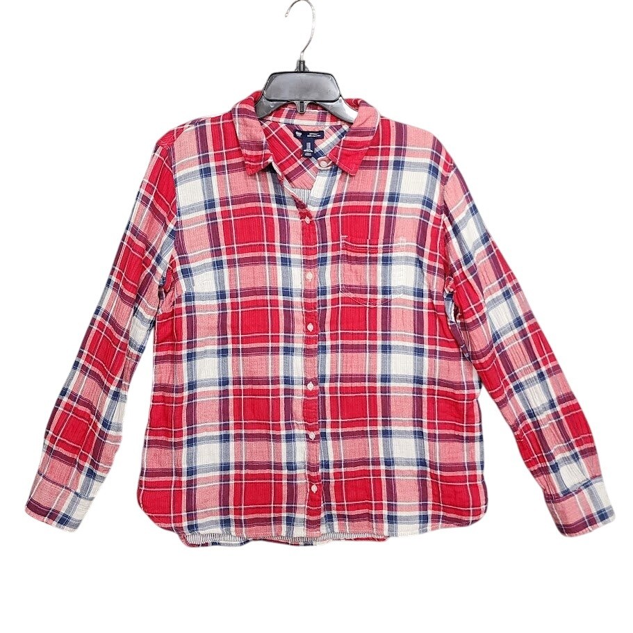 GAP Boyfriend Fit Plaid Button Down Shirt Womens Medium Red Blue White