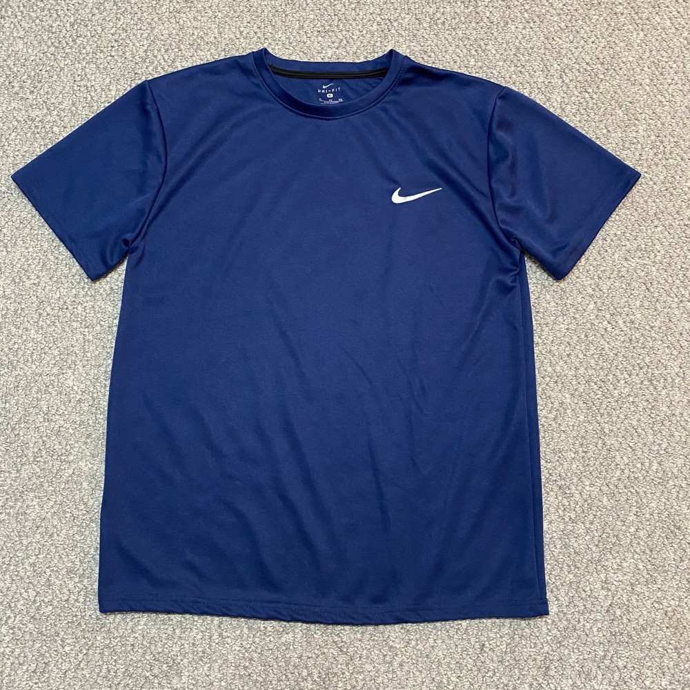 Vintage Y2K Nike Men's XL Navy Blue Dri-FIT Paneled Embroidered Swoosh T-Shirt