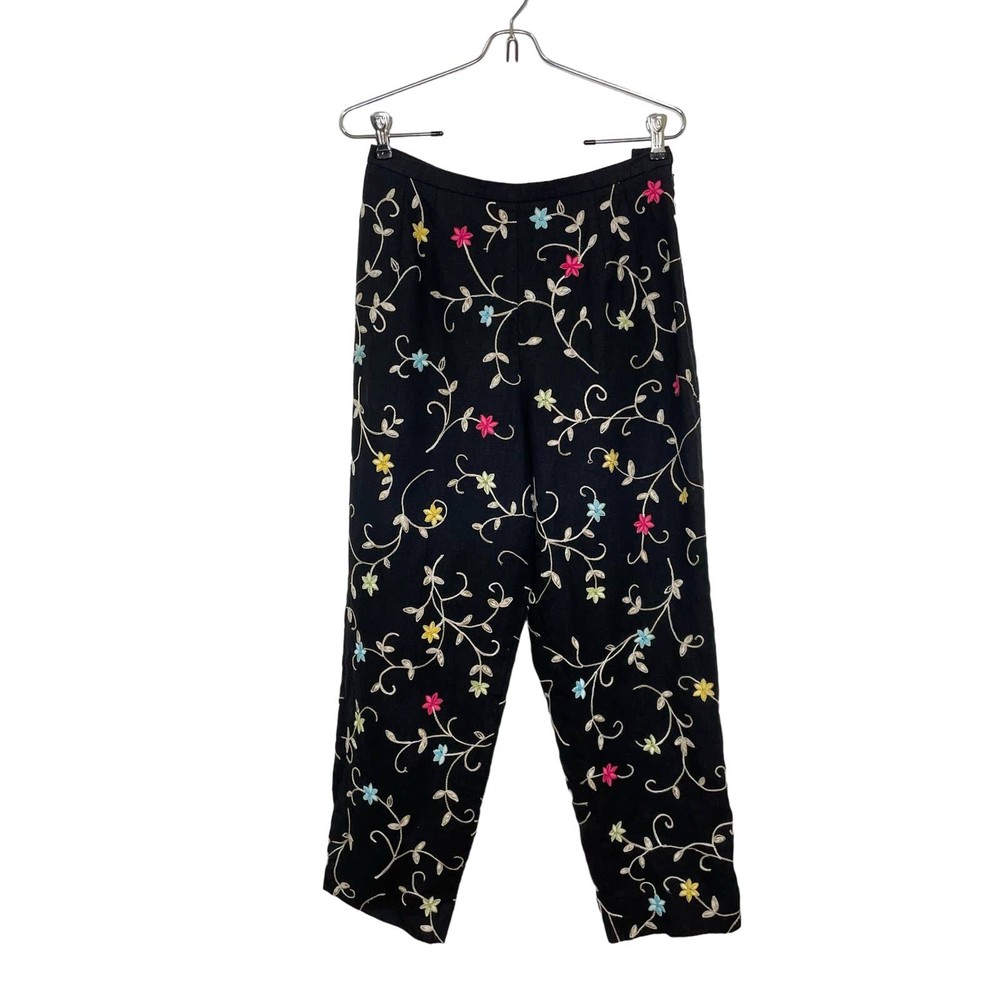 Vintage Talbots Irish Linen Black Embroidered Straight Leg Crop Pant Size 10P