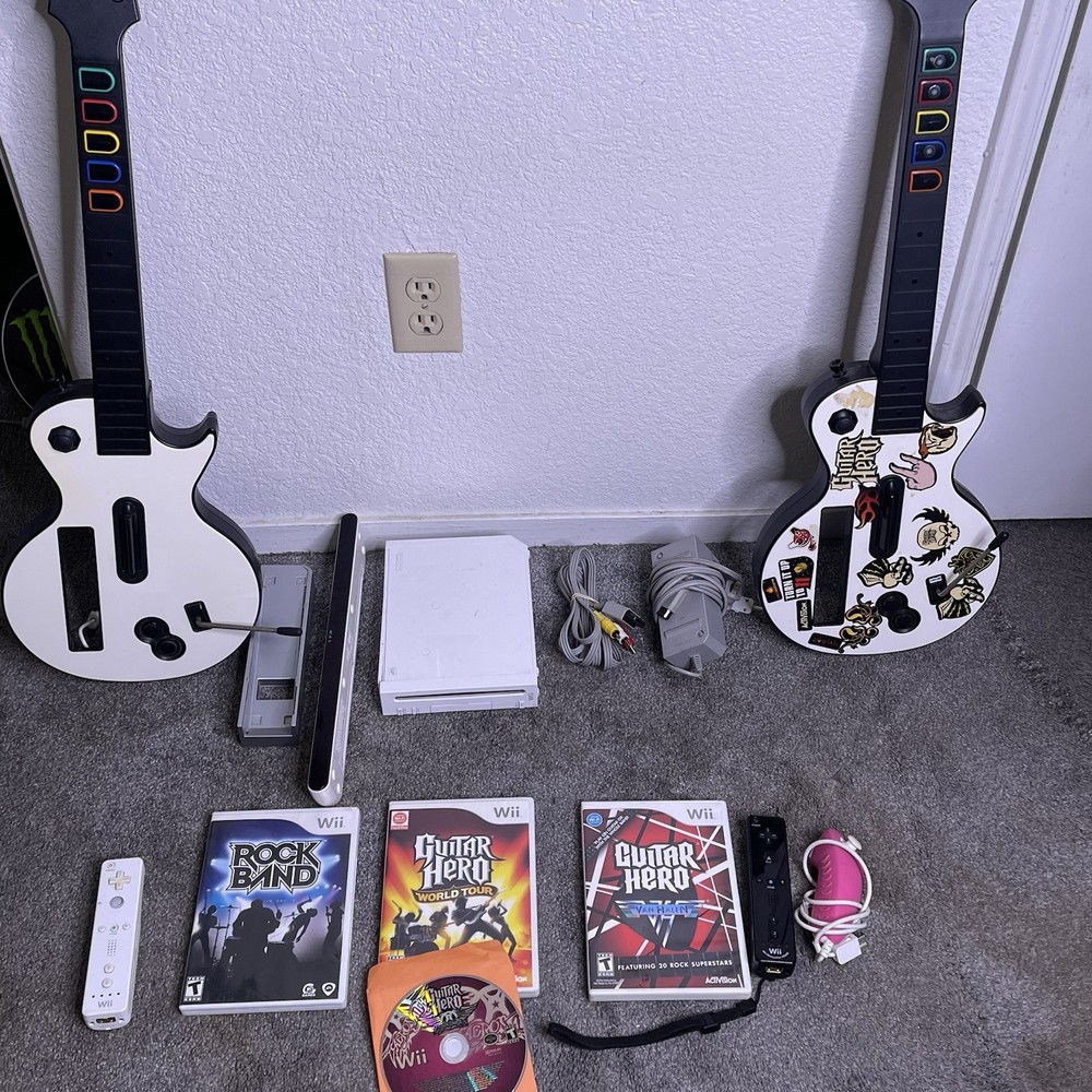 Wii Console Bundle Guitar Hero Games + Controllers + Guitar + Cords + Tested!!