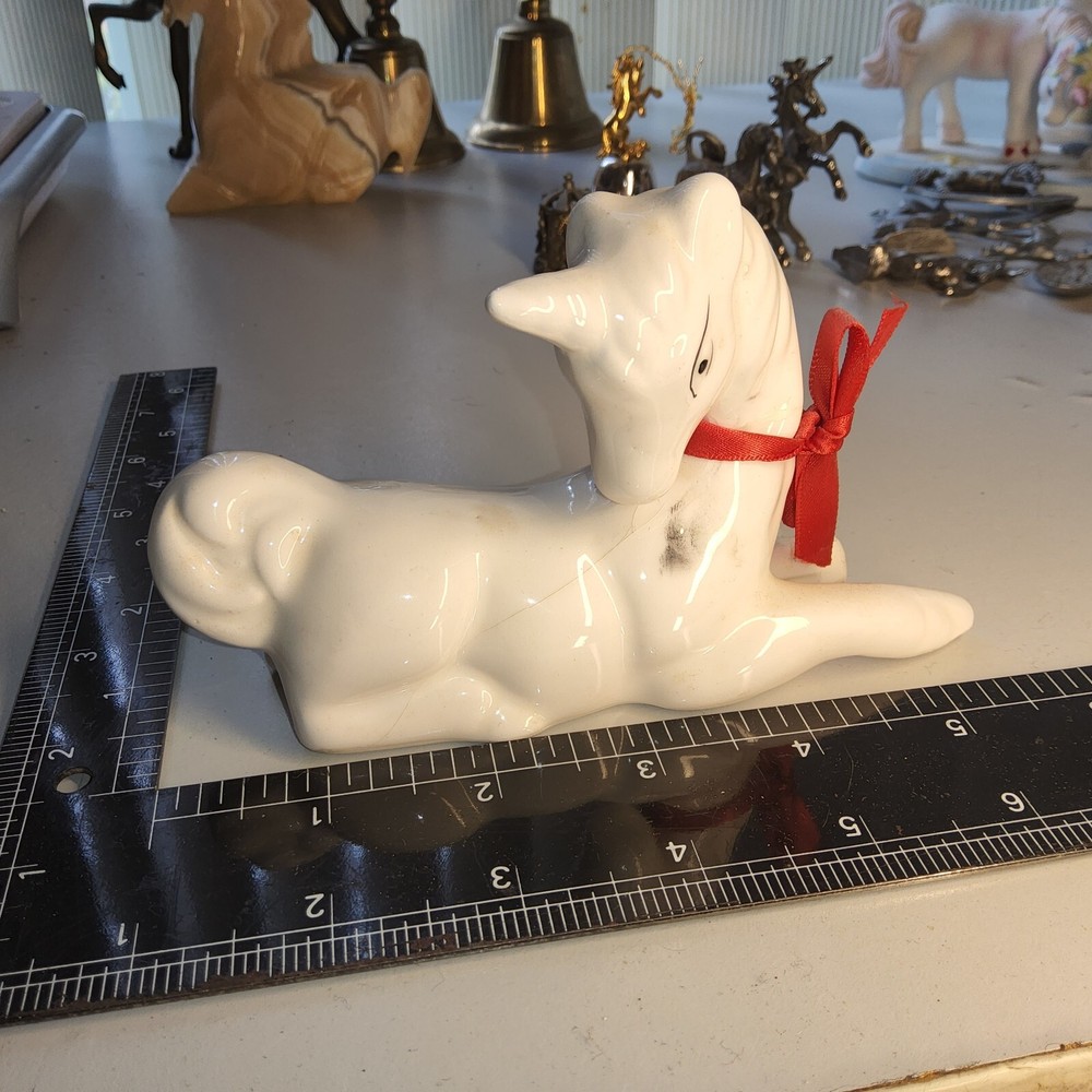 Vtg White Glazed stained Ceramic unicorn  red bow Fawn Christmas Figurine Decor
