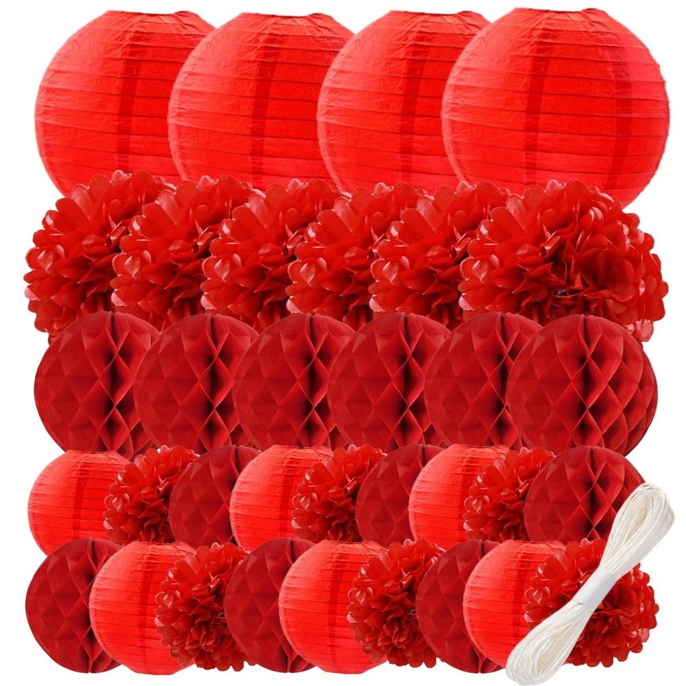 Red Paper Decoration Set - 34 Pcs Paper Lanterns, Pompoms, Honeycomb for Wedd...