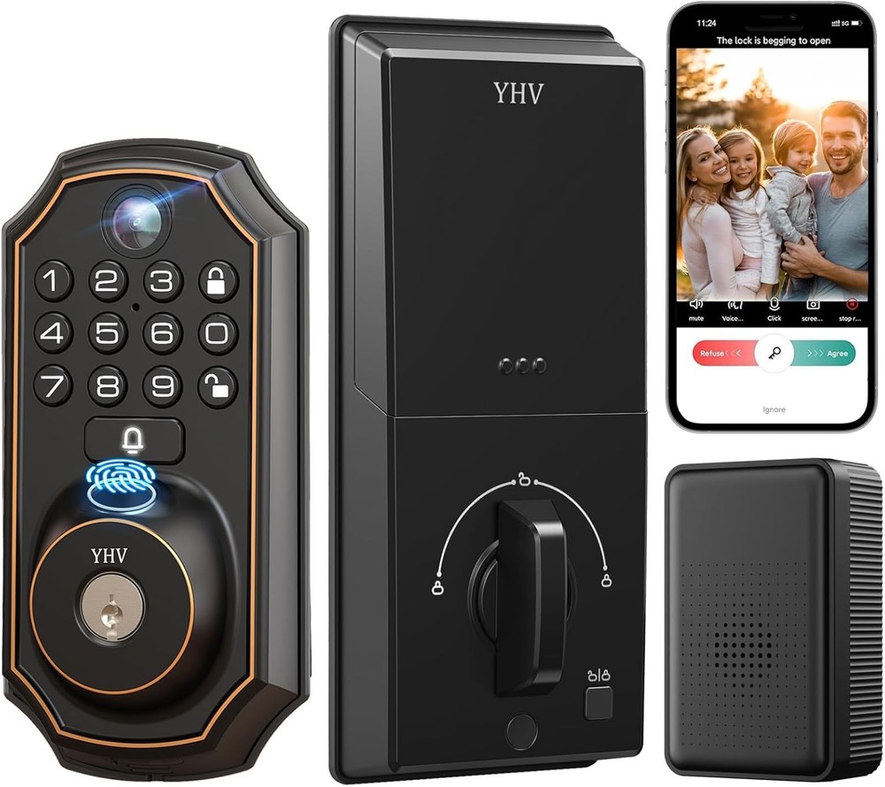 Smart Black Fingerprint Keyless Entry Door Lock with Built-in Camera  