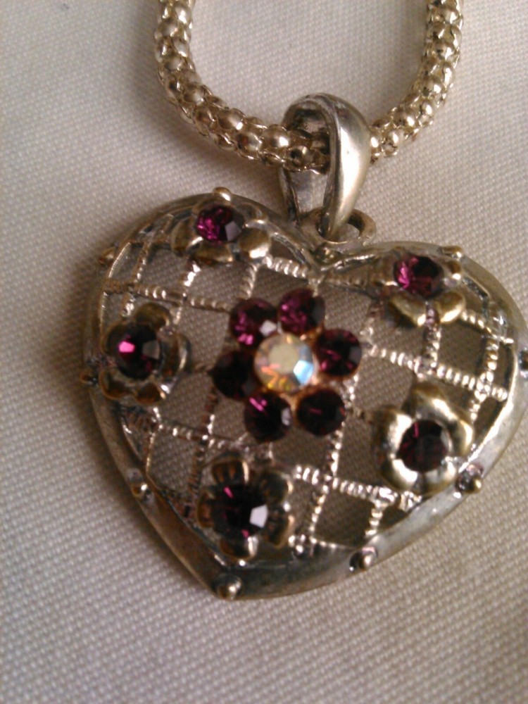Heart Necklace Rhinestones Pendant Silver Tone Women's 24