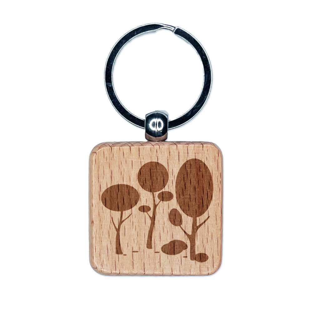Minimalist Forest Trees and Bushes Engraved Wooden Square Keychain Charm