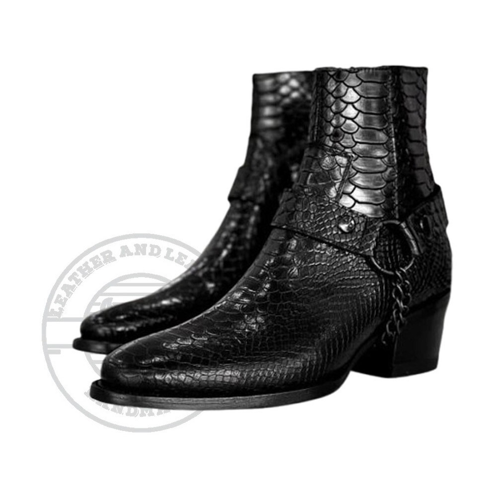 Ankle High Black Python Texture Style Leather Boot With Madrid Strap For Men's