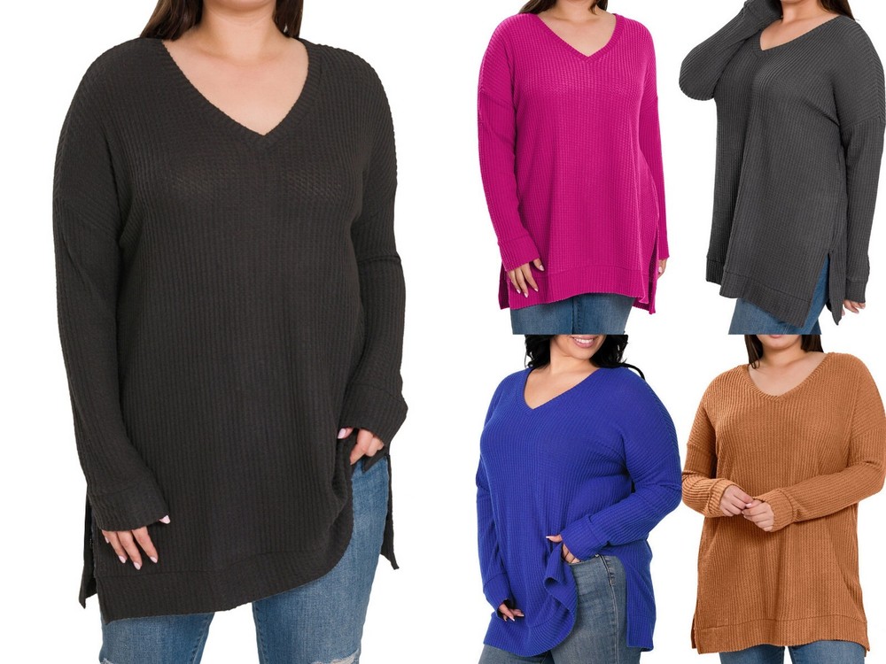 1X 2X 3X Women's V Neck Soft Brushed Thermal Waffle Sweater Warm Top