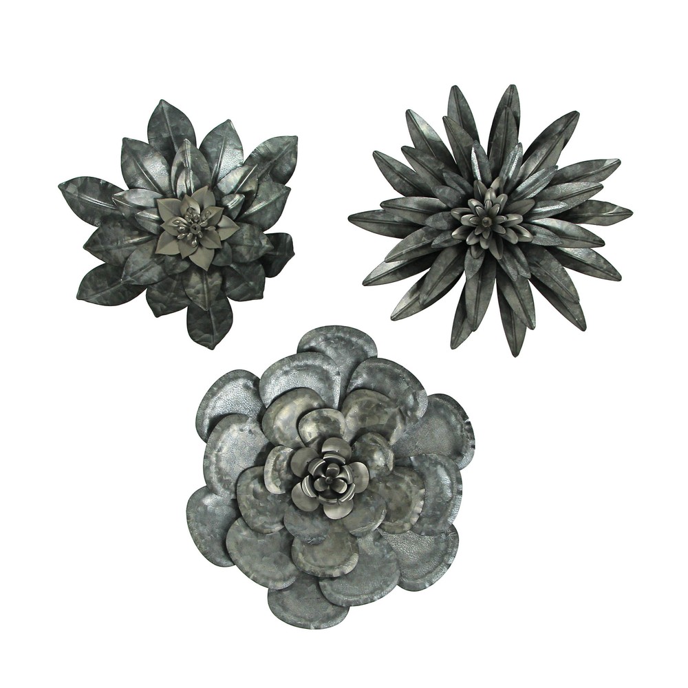 Set of 3 Galvanized Metal Flower Wall Sculptures Home Decor 10 Inches High