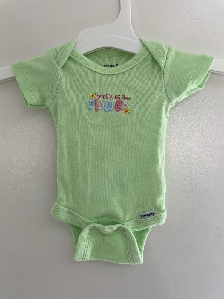 Gerber Baby Girls Embroidered Flower 100% Cotton Short Sleeve Bodysuit Green NB