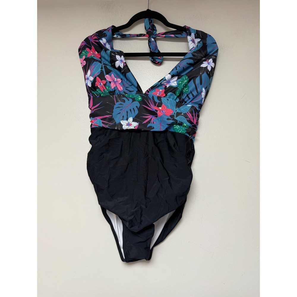 Womens XL One Piece Swimsuit Tropical Print Halter Neck Black Ruched