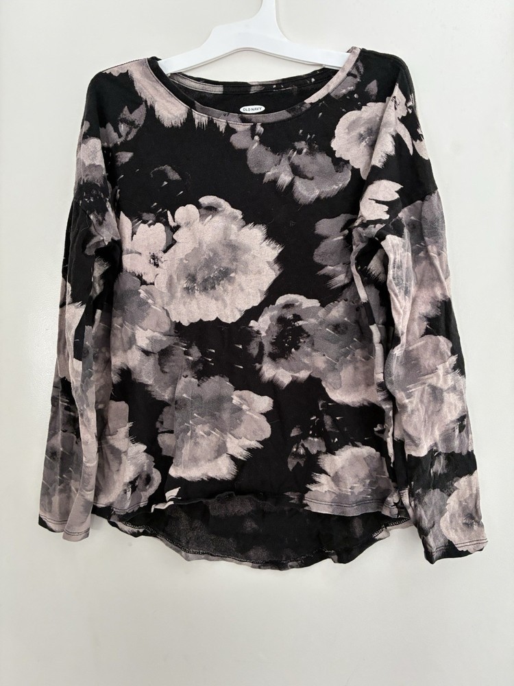 Old Navy Softest Tee Kids Girls Floral Cotton Crewneck Long Sleeve Shirt Black L