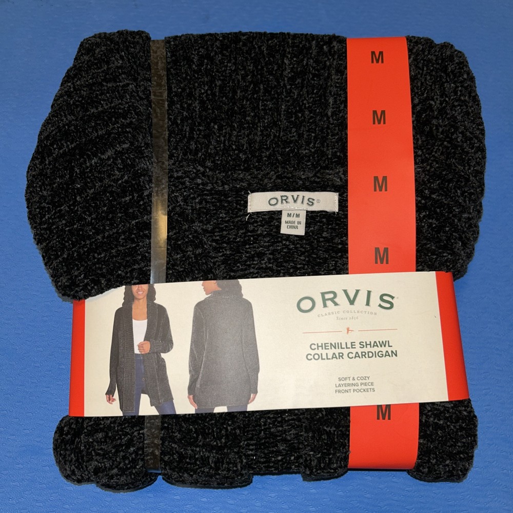 Orvis Womens Black Chenille Cardigan with Soft Pockets Open Front Design