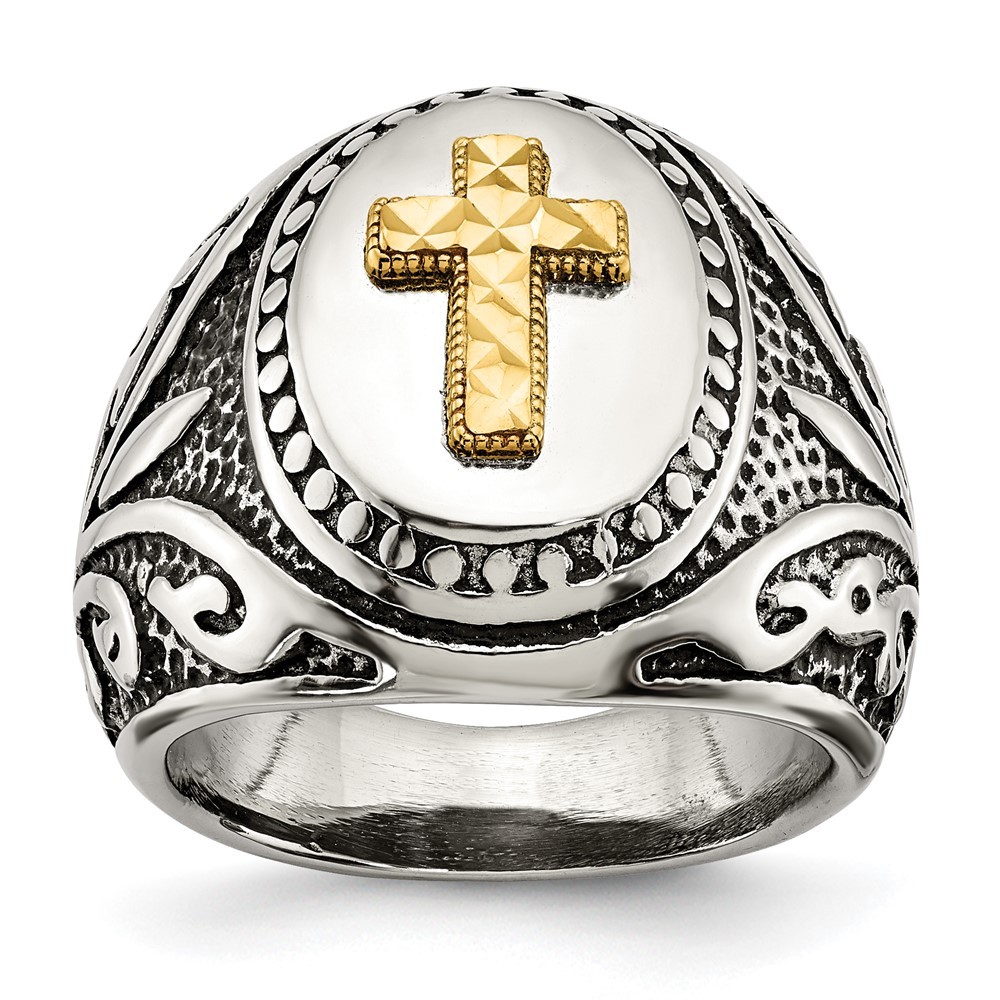 Stainless Steel with 14k Gold Accent Antiqued and Polished Cross Ring Size 12