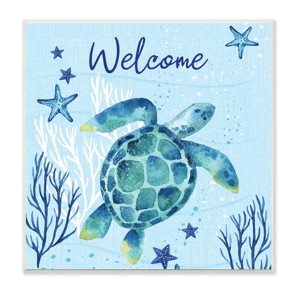 Stupell Welcome Sign Sea Turtle Swimming Ocean Life Wood
