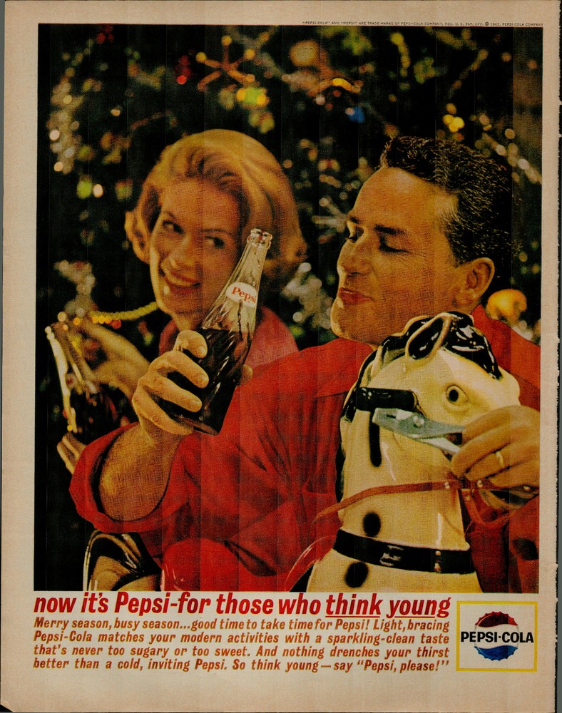 1963 Pepsi-Cola Soda Couple Christmas Tree Toy Horse Vintage Print Ad 1498