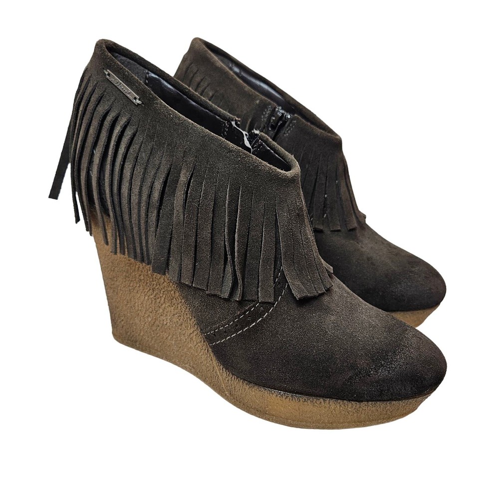 Diesel Brown Leather Hazard Jesse Fringe Wedge Bootie Women's EU 38