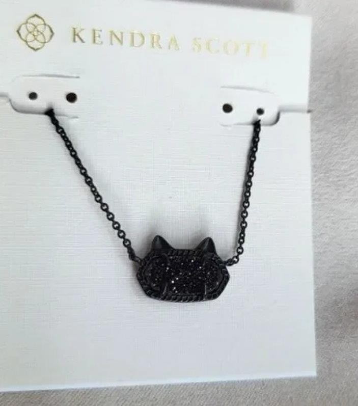 😍 Kendra Scott Elisa Cat Kitty Pendant Necklace black drusy gunmetal new