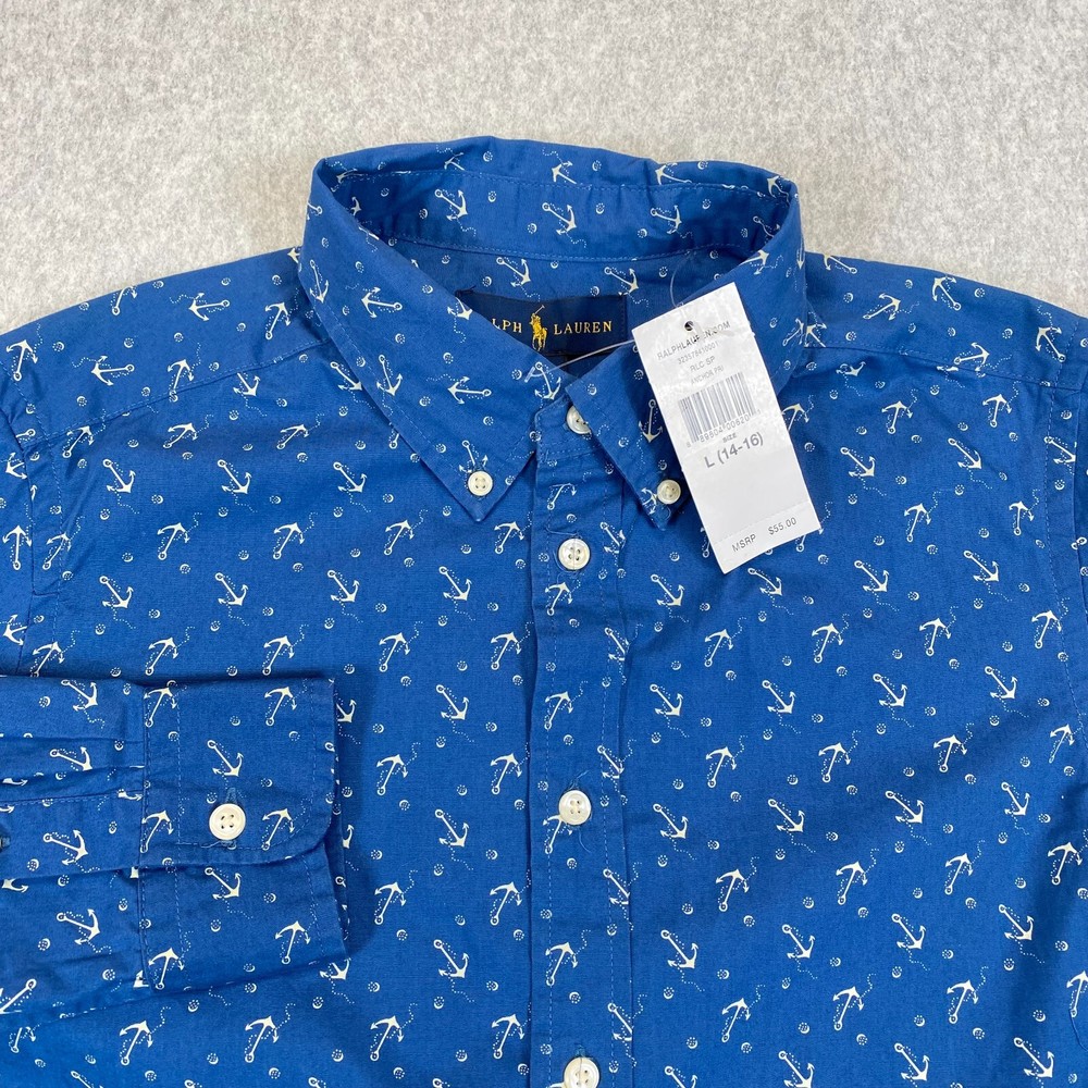 Ralph Lauren Shirt Youth Boy Large Blue Anchor Print Long Sleeve Button Down NWT