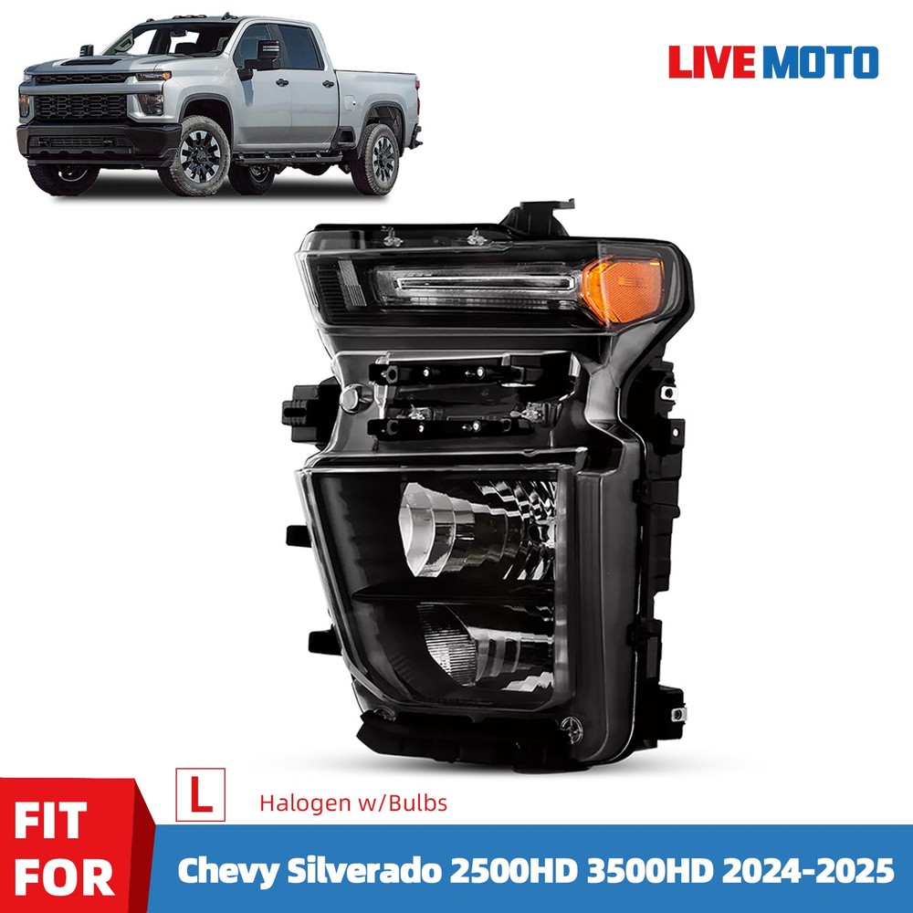For 2024-2025 Chevy Silverado 2500HD 3500HD Halogen Headlight Driver Side Black