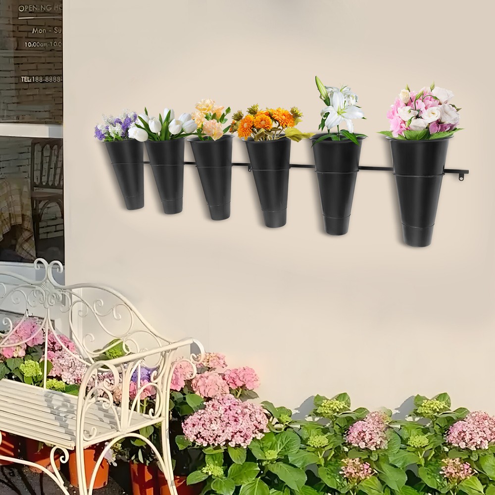 Wall-mounted Flower Stand Planter Holder Wall Hanging Metal Shelf With 6 Buckets