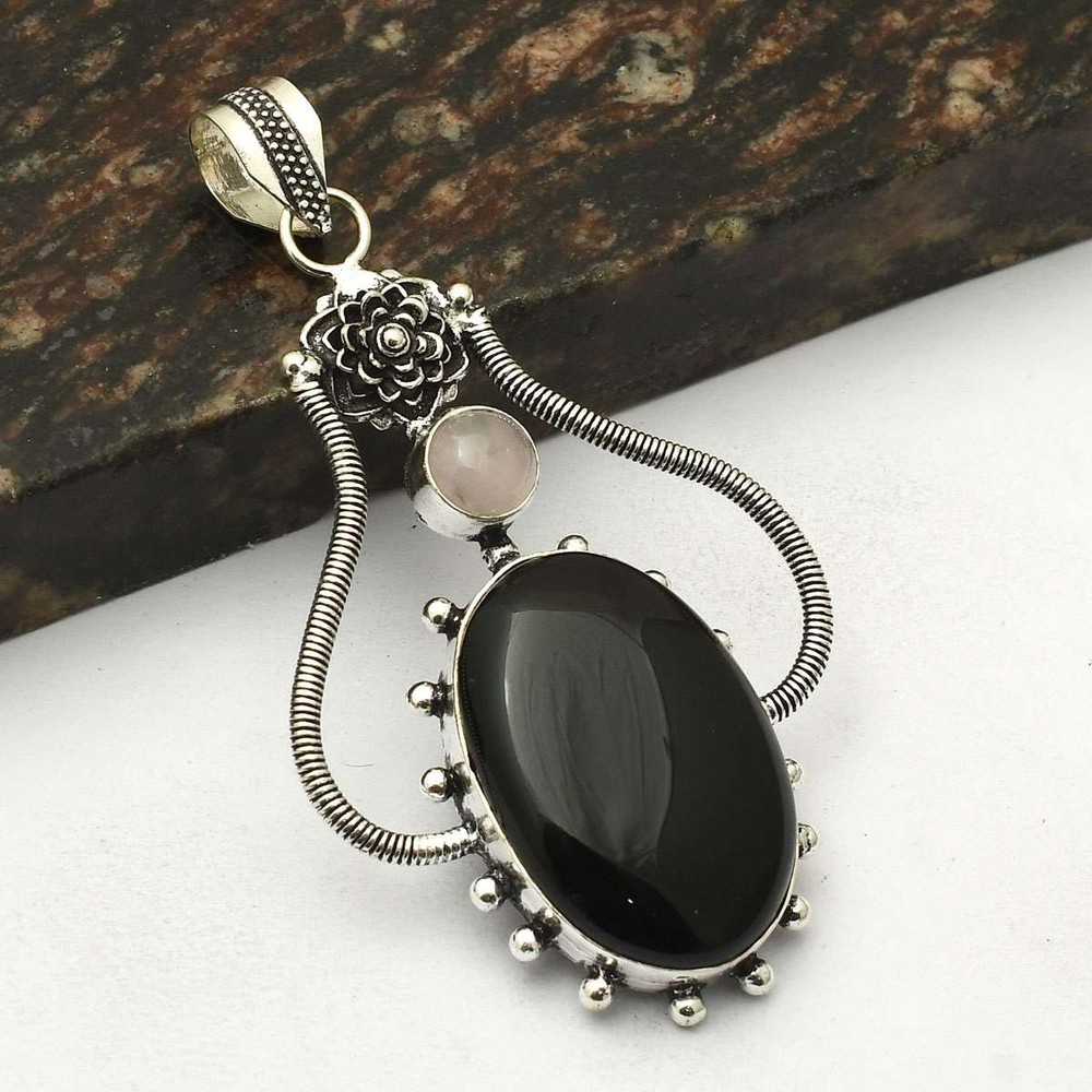 Black Onyx Rose Quartz Handmade Flower Pendant Necklace 3.12 Inches AP-73645  