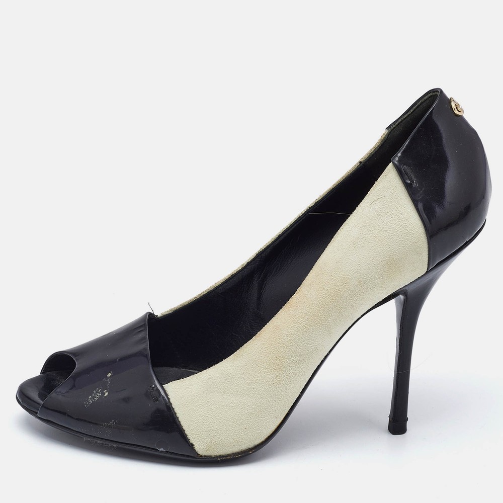 Gucci Black White Patent Leather Suede Peep Toe Pumps Size 37