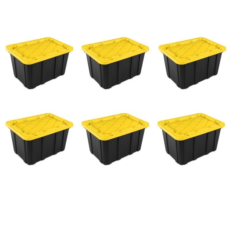 Industrial Storage Tote 27 Gal Snap Lid 6 Pack Stackable Bin Heavy Duty Garage