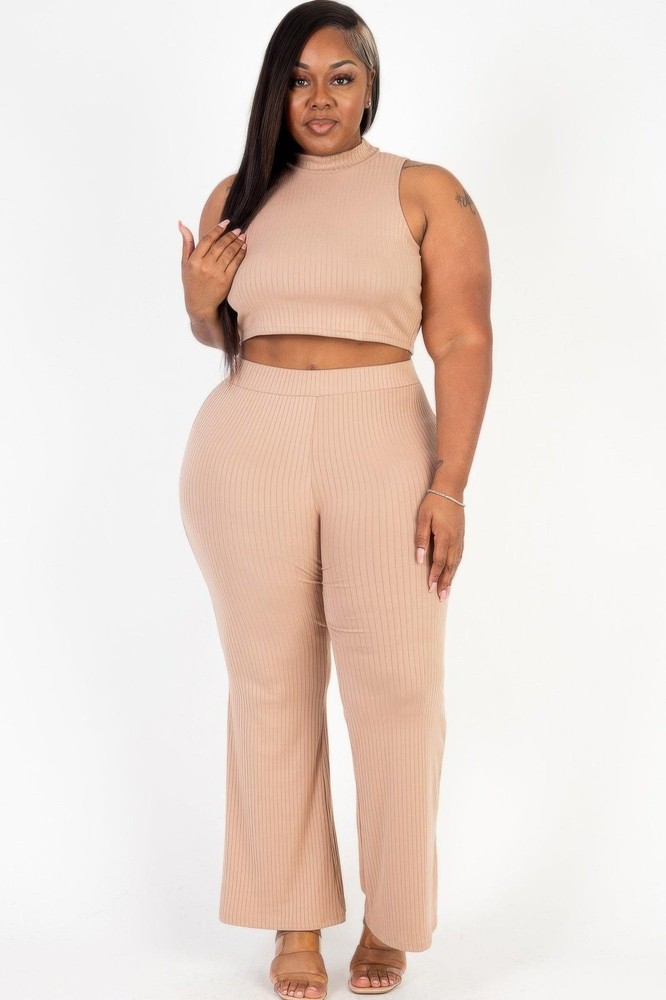 Plus Size Ribbed Mock Neck Crop Top and Bootcut Pants Outfit Set  