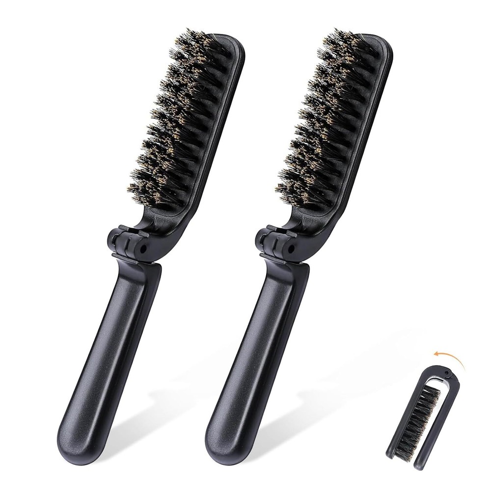 2Pcs Mini Folding Travel Hair Brush with Collapsible Boar Bristles