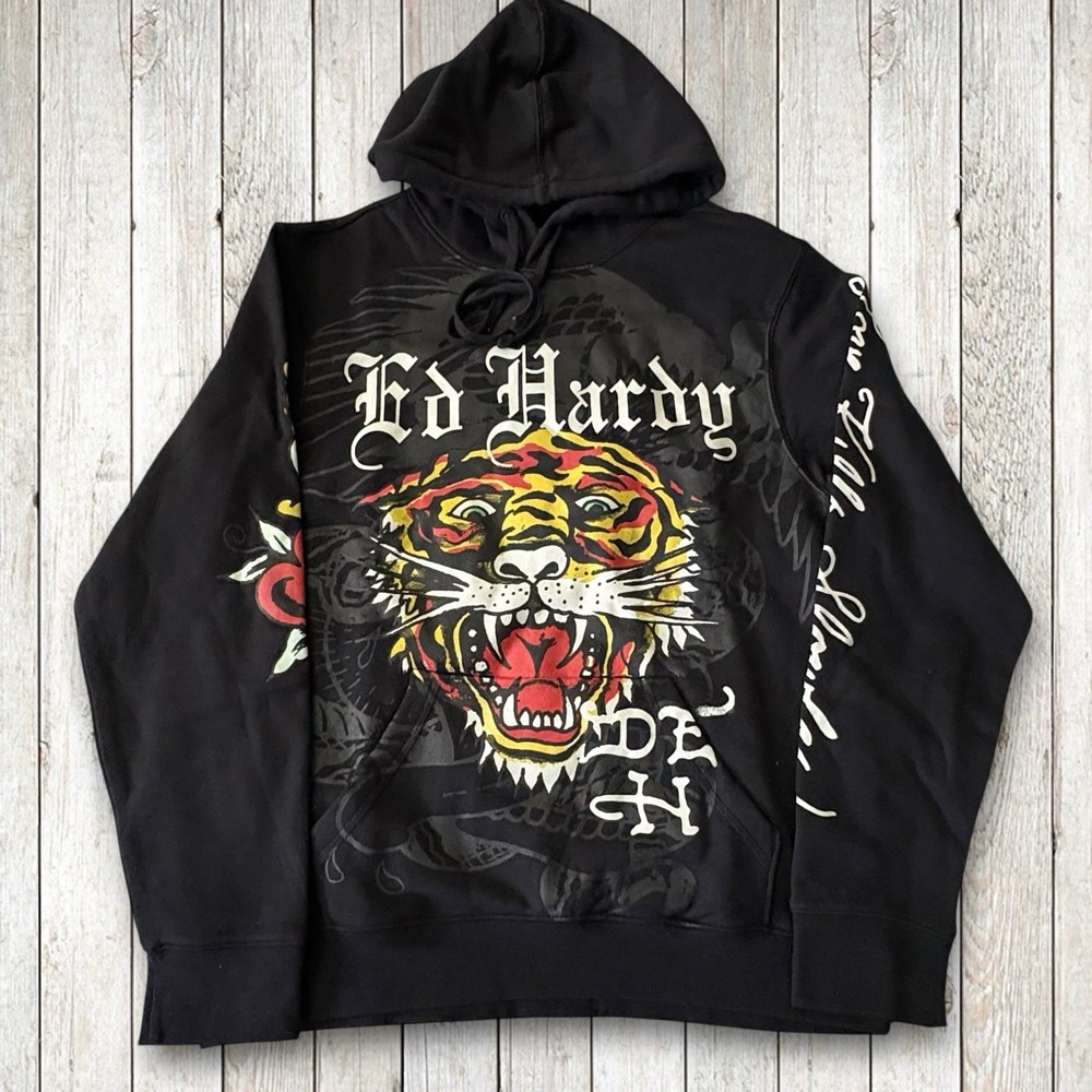 Ed Hardy Tiger Tattoo Graphic Print Hoodie Black Pullover Sweatshirt Men’s M