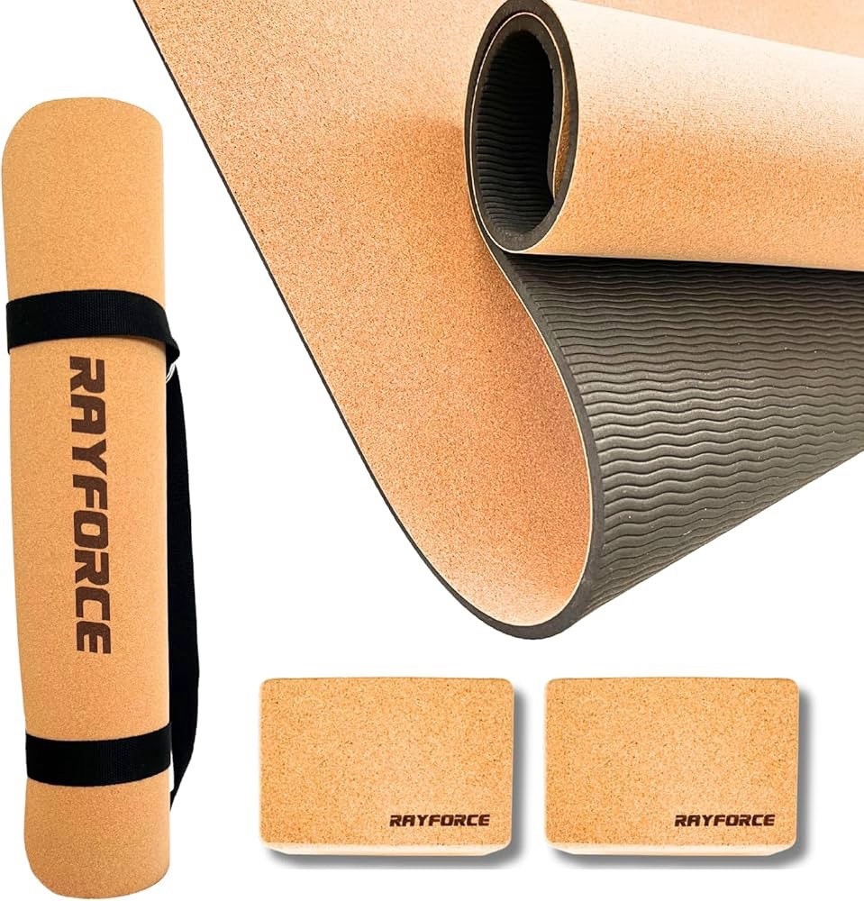 Rayforce Premium Cork Yoga Starter Set - Large Cork Yoga Mat, 2 Cork Blocks, Bag