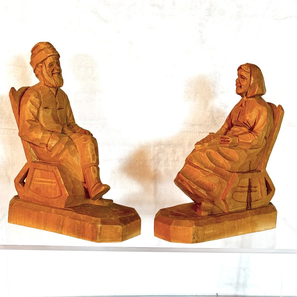 2 Vtg Hand Carved Wood Figurines Women/Man in Rocking Chair Canadian Folk Art
