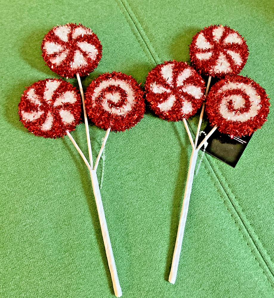 Christmas Tinsel Peppermint Candy Cane Decor Red White Sweets 2pc Set