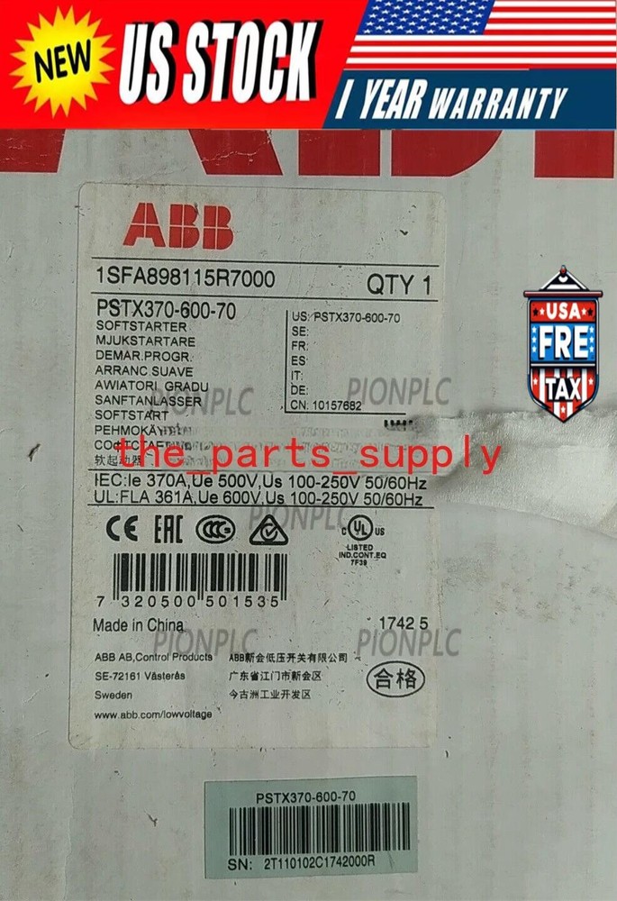 New In Box ABB PSTX370-600-70 1SFA898115R7000 Soft Start 370A 200KW Fedex or DHL