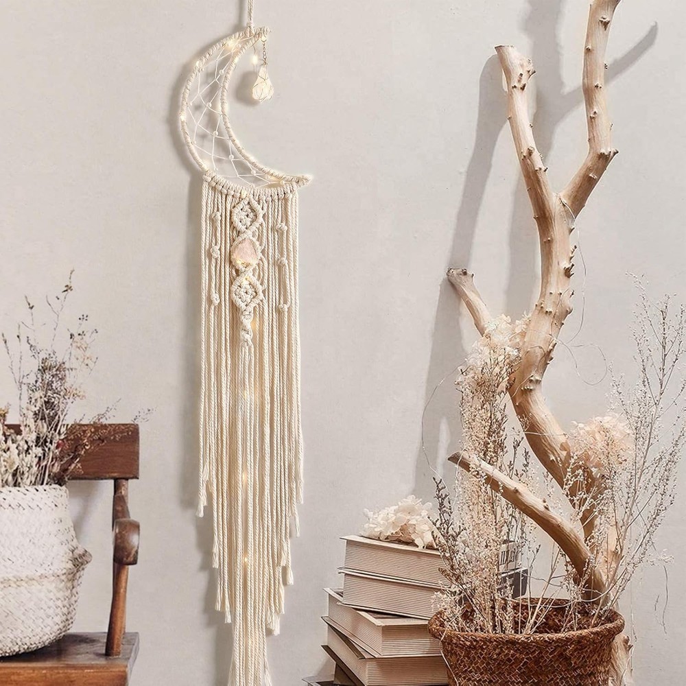Dremisland Macrame Woven Wall Hanging Moon Dream Catcher with Crystal Stone
