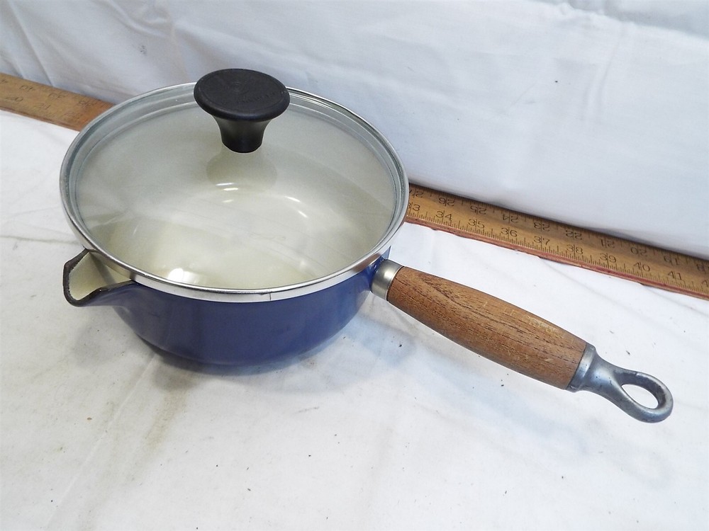 Le Creuset Blue Enamel Cast Iron Saucepan with Wood Handle and Glass Lid