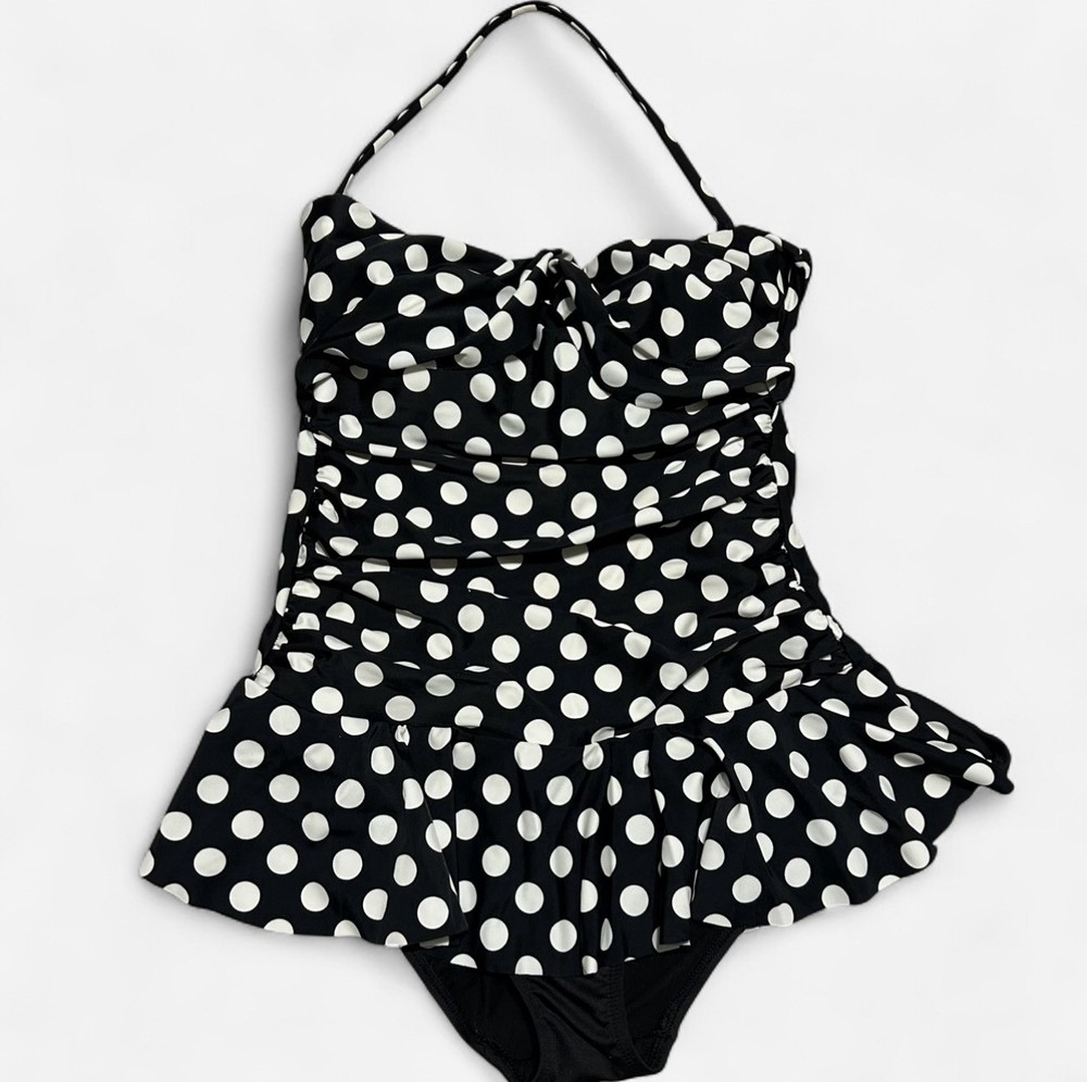 Lauren Ralph Lauren Black White Polka Dot One Piece Swimsuit Skirted Size 8