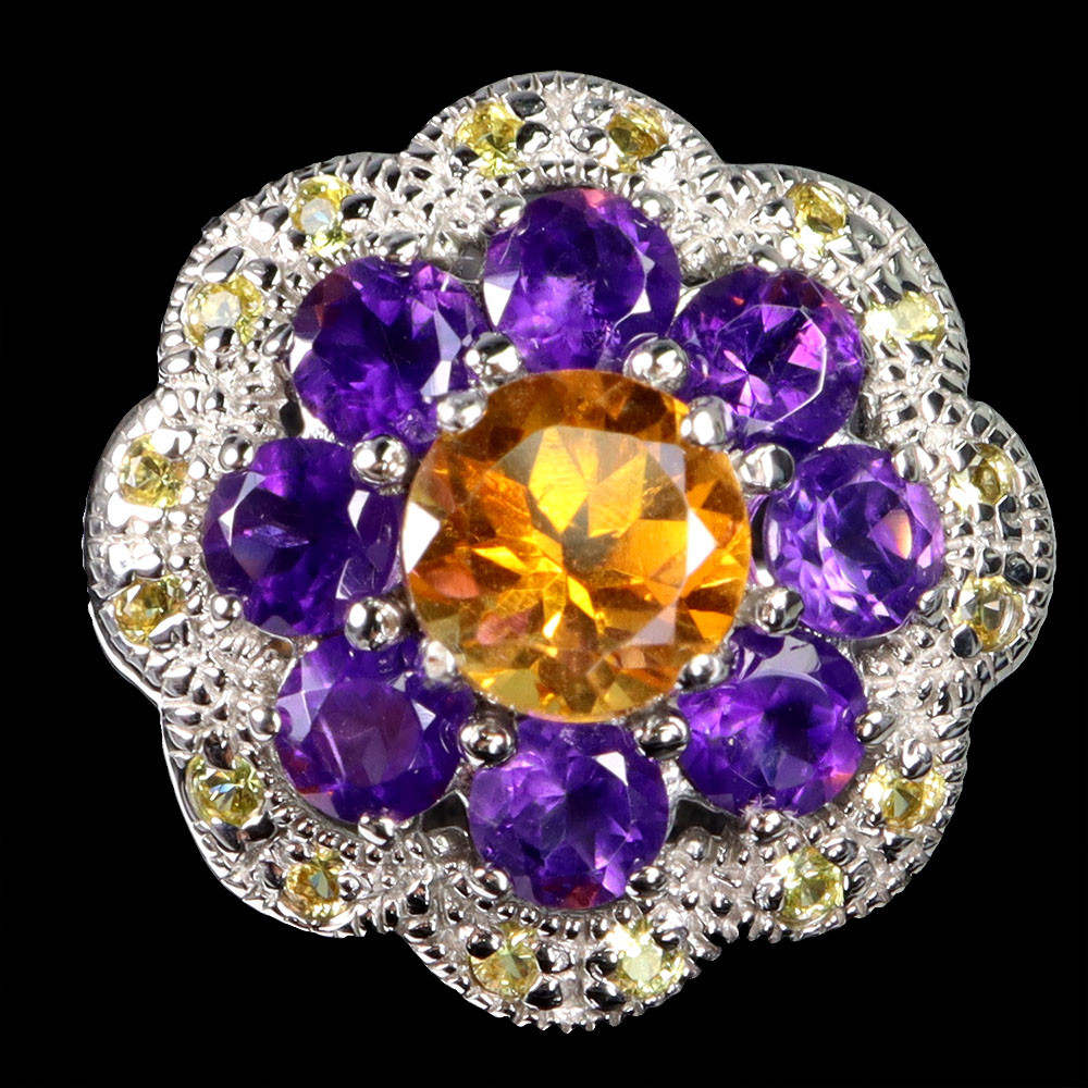 925 Sterling Silver Ring with 7mm Round Citrine Amethyst Sapphire Gemstone Size 8