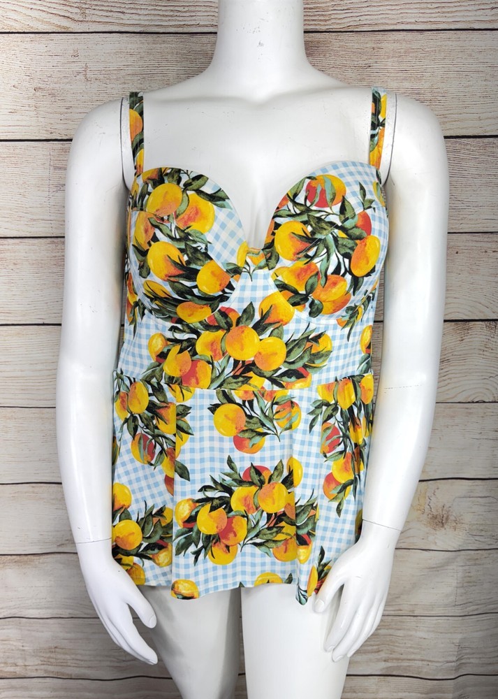 Torrid Womens Blue Gingham Peplum Push Up Demi Swimsuit with Orange Accents