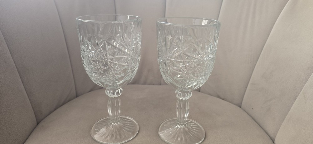 Vintage Libbey Hobstar Clear Glass Star Burst Wine/Water Goblets ~ Set of 2
